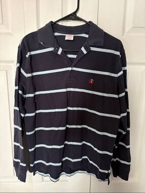 Brooks Brothers Navy and Light Blue Striped Long-Sleeve Polo